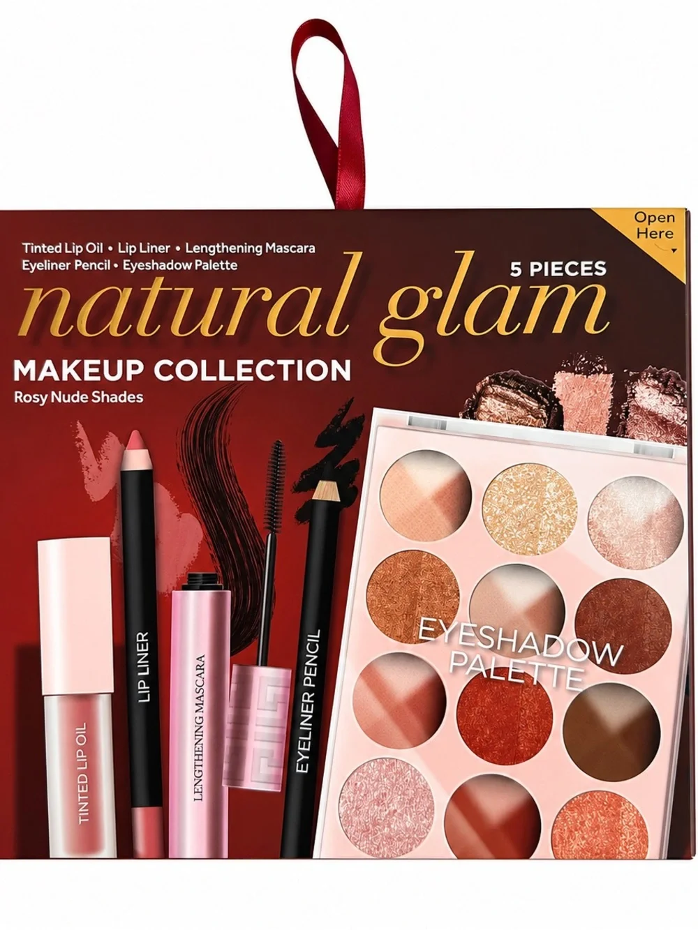 Natural Glam 5 Piece Makeup Collection Rosy Nude Eyeshadow Lip Oil Mascara Liner